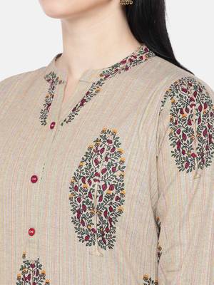 Beige printed cotton long-kurtis 2
