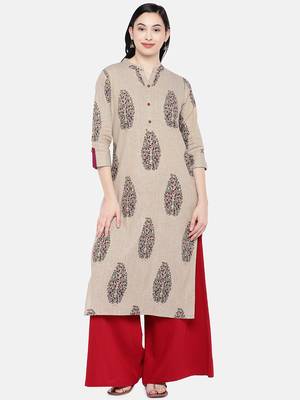 Beige printed cotton long-kurtis 1