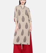 Beige printed cotton long-kurtis