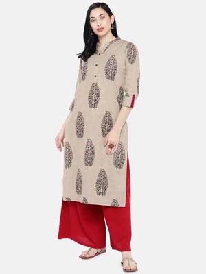 Beige printed cotton long-kurtis 3