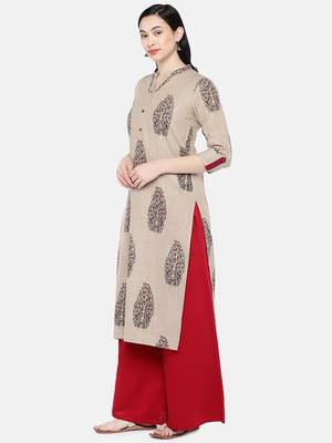 Beige printed cotton long-kurtis 4
