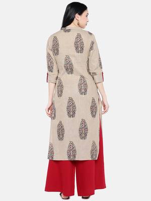 Beige printed cotton long-kurtis 5