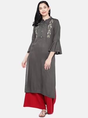 Grey printed rayon long-kurtis 1