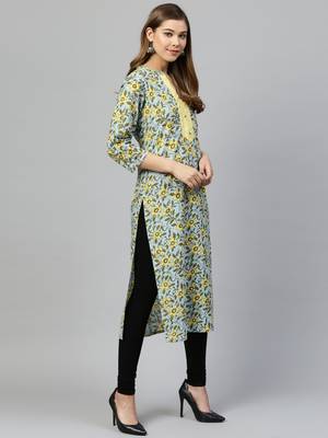 Blue printed cotton long-kurtis 3