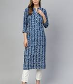 Blue printed cotton long-kurtis