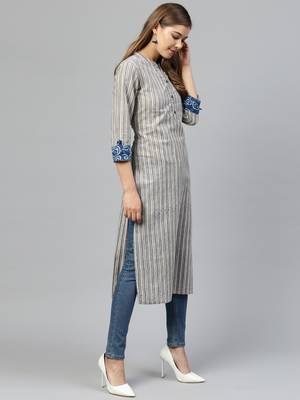 Grey printed cotton long-kurtis 3