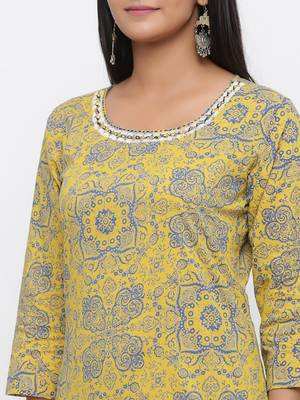 Yellow printed cotton long-kurtis 2