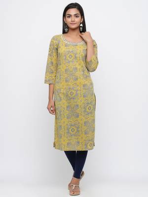 Yellow printed cotton long-kurtis 1
