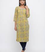 Yellow printed cotton long-kurtis