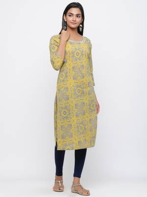 Yellow printed cotton long-kurtis 3