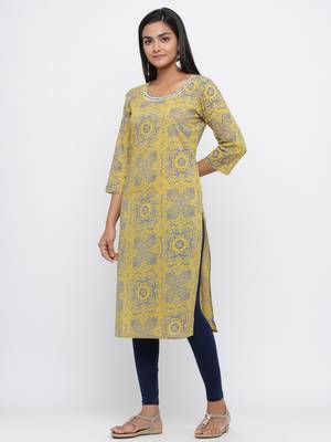 Yellow printed cotton long-kurtis 4