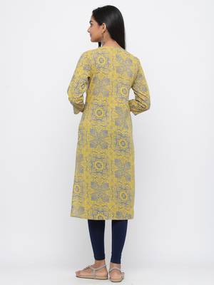 Yellow printed cotton long-kurtis 5