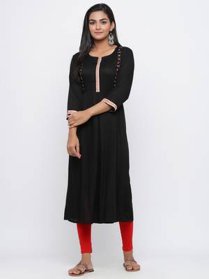 Black printed rayon long-kurtis 1
