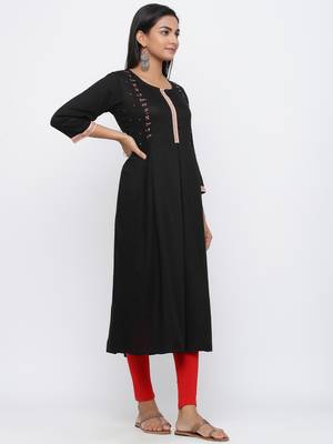 Black printed rayon long-kurtis 3