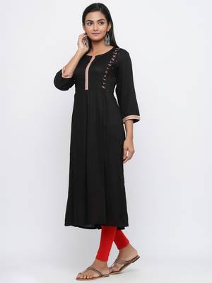 Black printed rayon long-kurtis 4