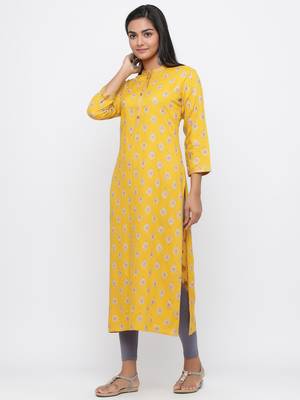 Mustard printed rayon long-kurtis 3