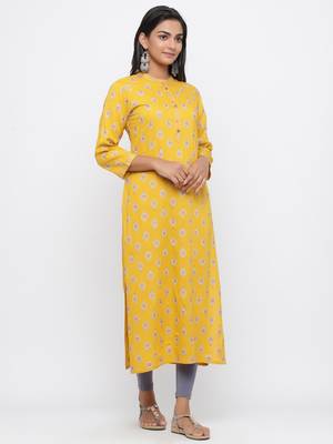 Mustard printed rayon long-kurtis 4