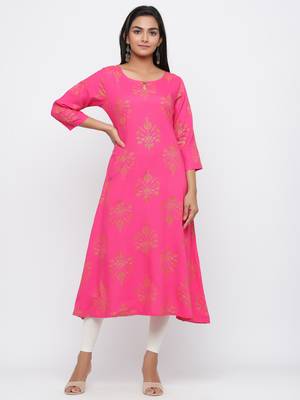 Pink printed rayon long-kurtis 1