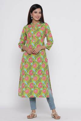 Green printed cotton long-kurtis 1