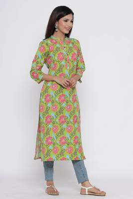 Green printed cotton long-kurtis 3