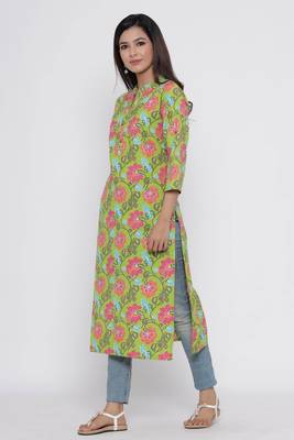 Green printed cotton long-kurtis 4