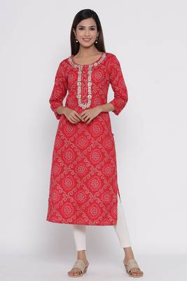 Red printed cotton long-kurtis 1