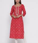 Red printed cotton long-kurtis