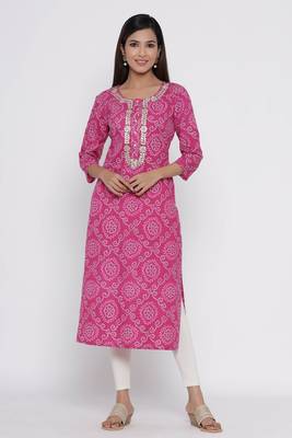 Pink printed cotton long-kurtis 1