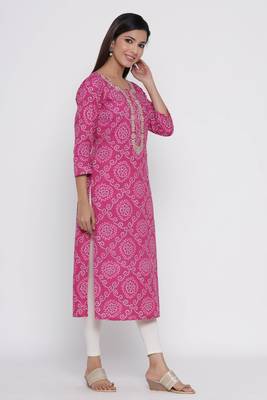 Pink printed cotton long-kurtis 3