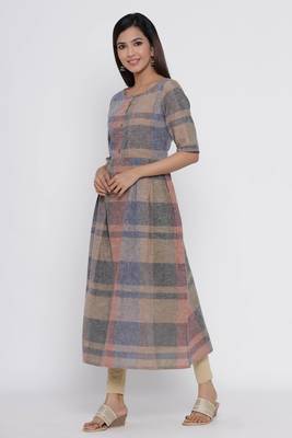 Brown printed cotton long-kurtis 1