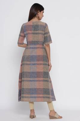 Brown printed cotton long-kurtis 4