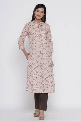 Peach printed cotton long-kurtis 1