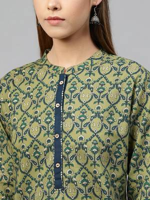 Green printed cotton long-kurtis 2