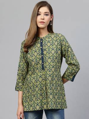 Green printed cotton long-kurtis 1