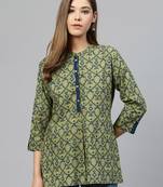 Green printed cotton long-kurtis
