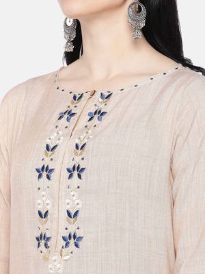 Beige embroidered rayon long-kurtis 2