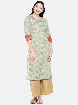 Green embroidered cotton long-kurtis 1