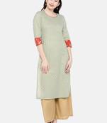 Green embroidered cotton long-kurtis