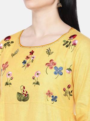 Yellow embroidered cotton long-kurtis 2