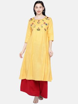 Yellow embroidered cotton long-kurtis 3