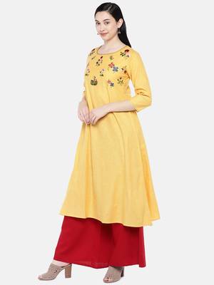 Yellow embroidered cotton long-kurtis 4