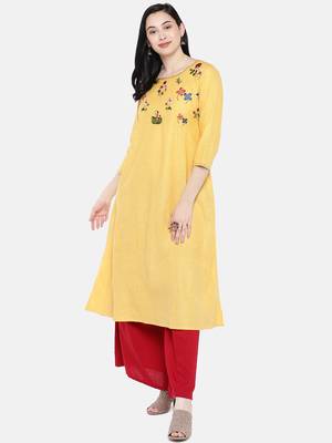 Yellow embroidered cotton long-kurtis 1