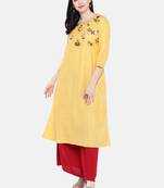 Yellow embroidered cotton long-kurtis