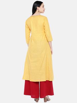 Yellow embroidered cotton long-kurtis 5