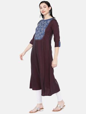 Purple embroidered rayon long-kurtis 4