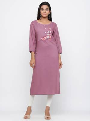 Mauve embroidered rayon long-kurtis 1