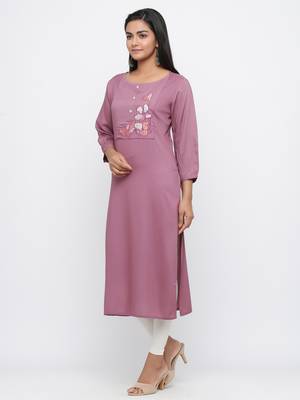 Mauve embroidered rayon long-kurtis 3