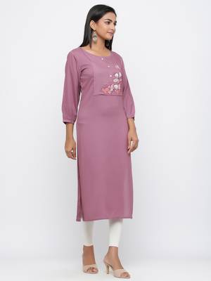 Mauve embroidered rayon long-kurtis 4