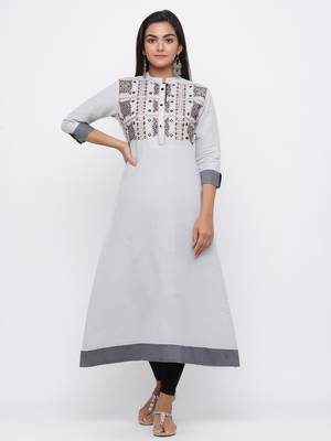 Grey embroidered cotton long-kurtis 1