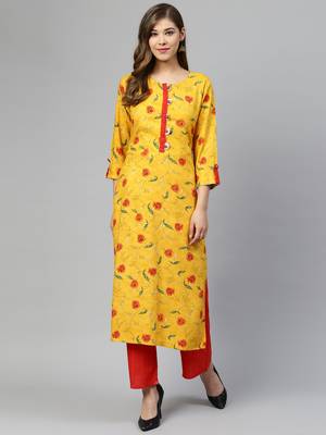 Mustard printed rayon palazzo-kurta 1